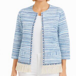 Boston Proper Blue Tweed Fringe Jacket Tassel Hem Boho Chic Open Front Size 10